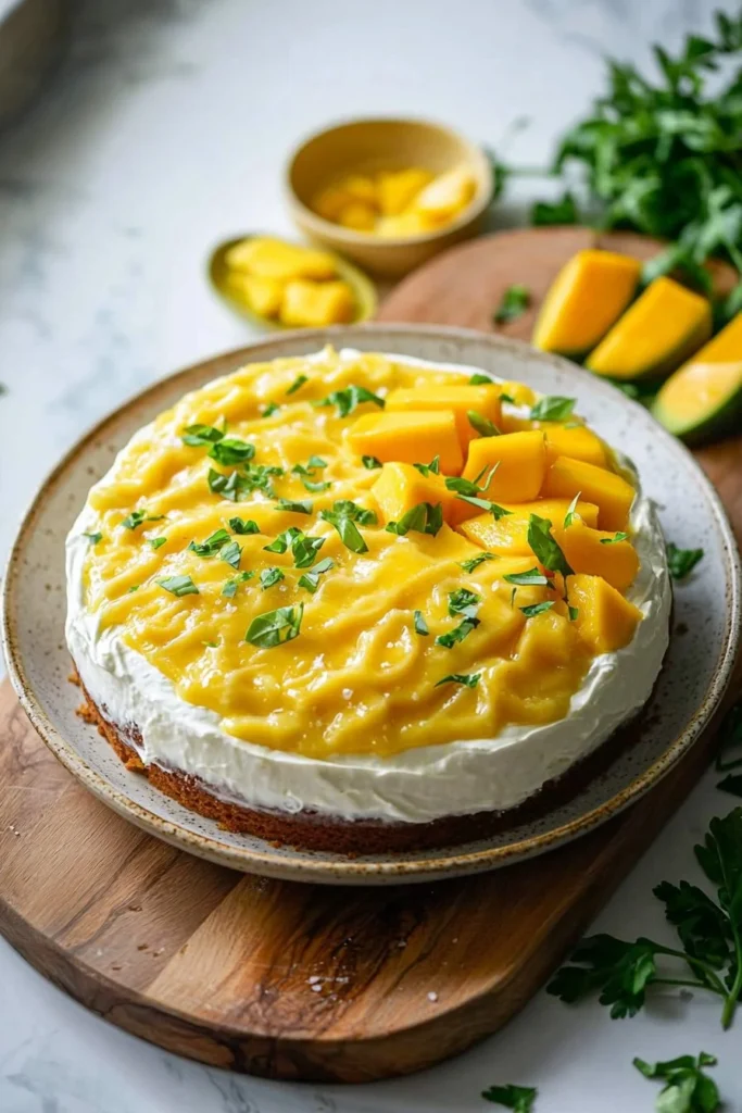 A delicious Mango Mousse Cake with creamy mango layers and a light texture.