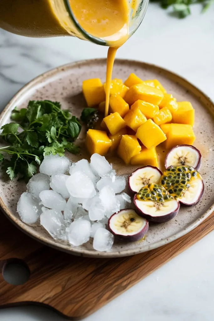 A vibrant Mango Passion Fruit Coconut Smoothie in a glass, garnished with fruit.