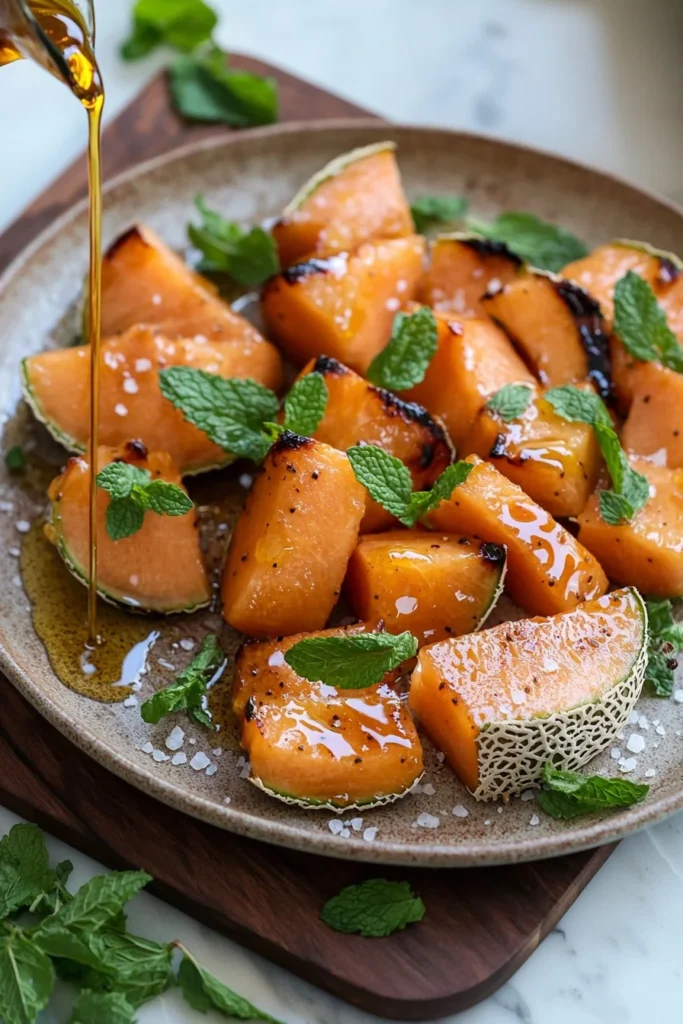 Delicious maple roasted cantaloupe served on a white plate