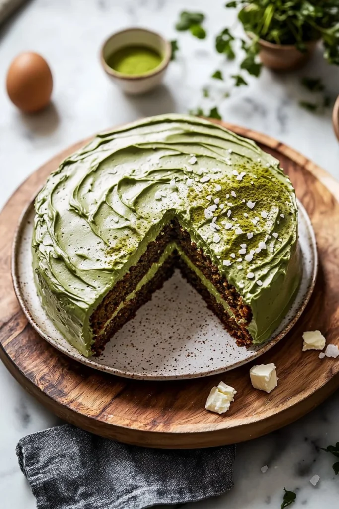 Slice of matcha cake with buttercream frosting on a white plate