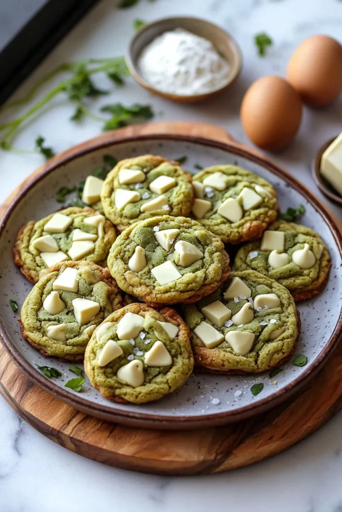 Delicious matcha white chocolate cookies on a cooling rack