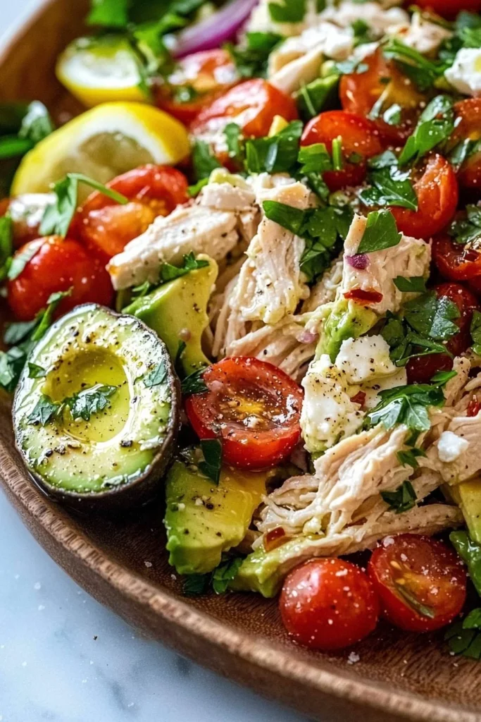 Mediterranean avocado chicken salad with fresh ingredients in a bowl
