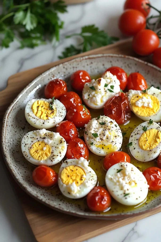 Mediterranean baked feta eggs served with fresh herbs and vegetables