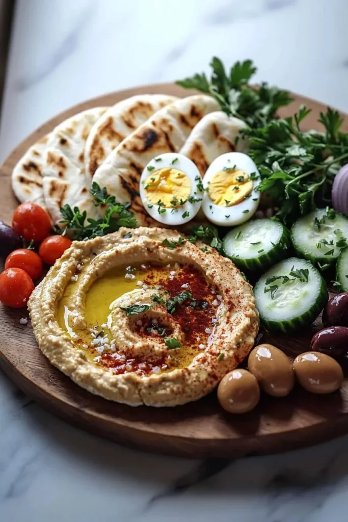 Colorful Mediterranean brunch board featuring fresh ingredients and vibrant flavors.