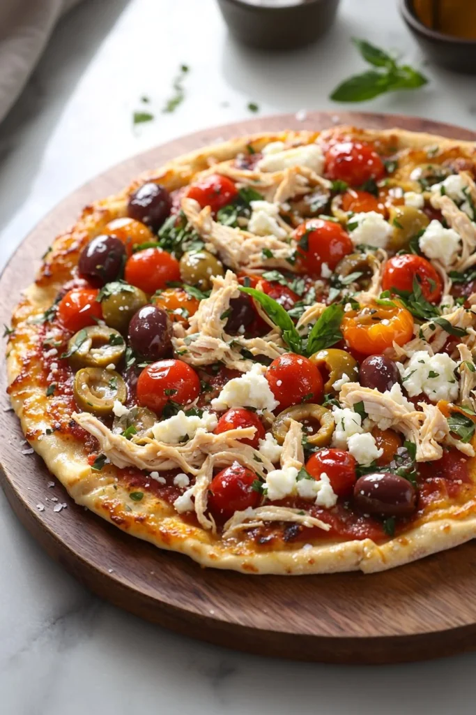 Mediterranean Chicken Crust Pizza with fresh vegetables and herbs