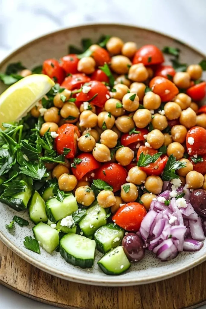 Mouthwatering Mediterranean Chickpea Salad with fresh vegetables and herbs
