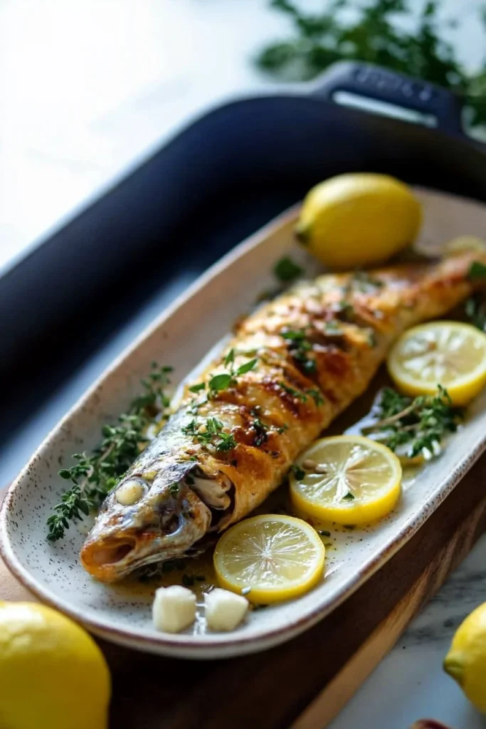 Mediterranean Herb and Lemon Baked Branzino garnished with herbs and lemon slices