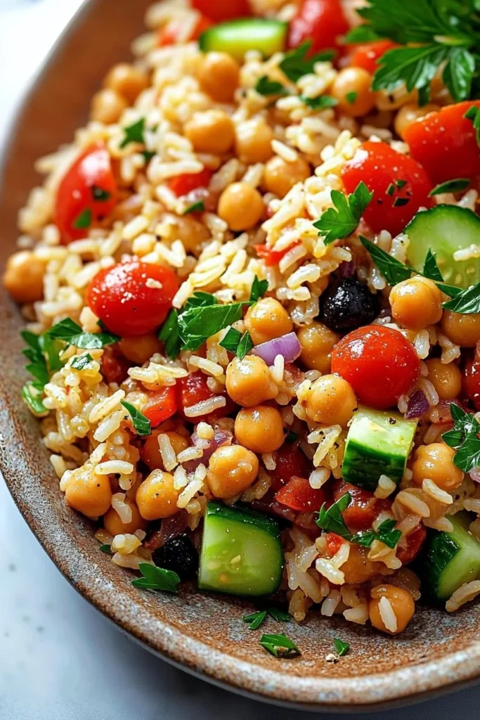 Delicious Mediterranean Rice and Beans dish garnished with herbs