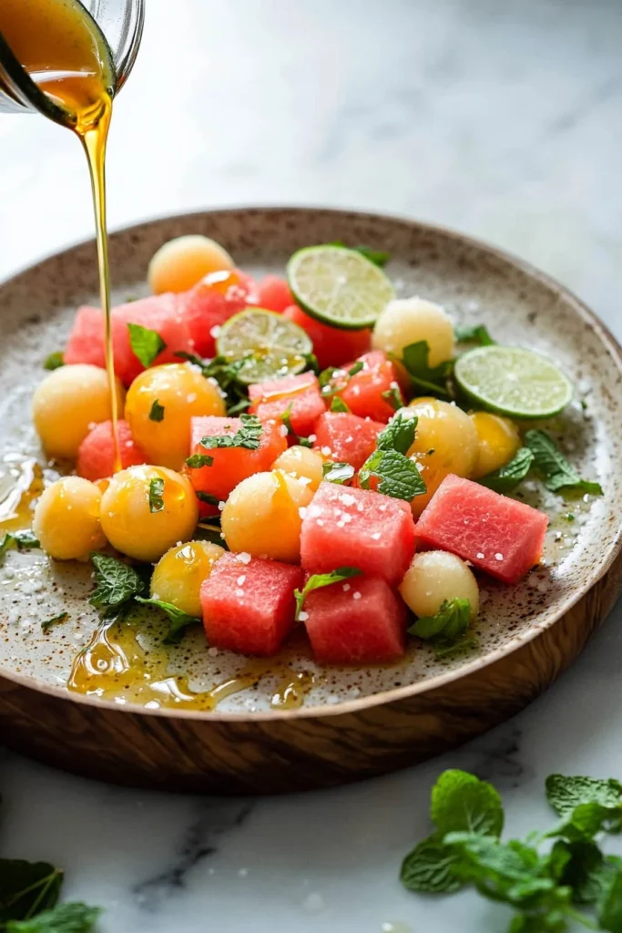 Colorful melon mosaic salad with honey lime vinaigrette dressing