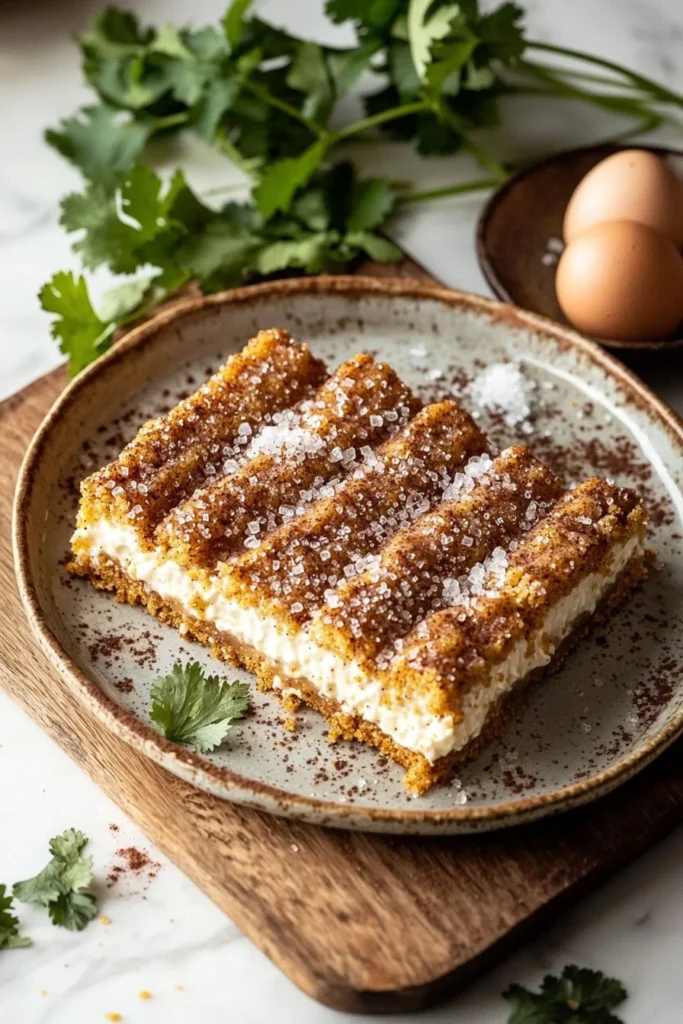 Mexican churro cheesecake bars topped with cinnamon and sugar.
