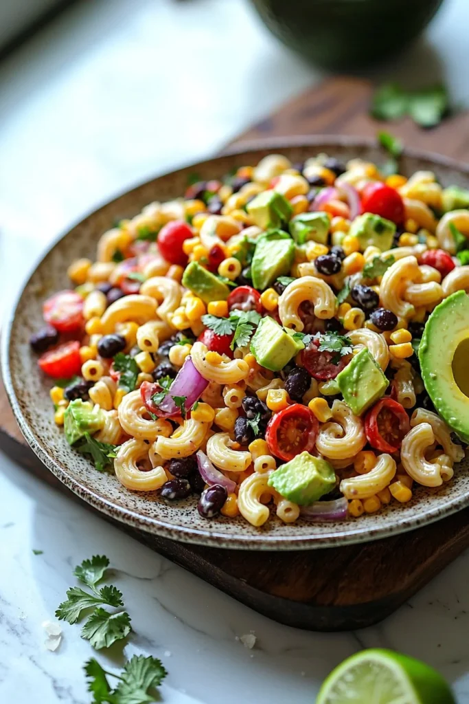 A vibrant bowl of Mexican Macaroni Salad with fresh vegetables and spices