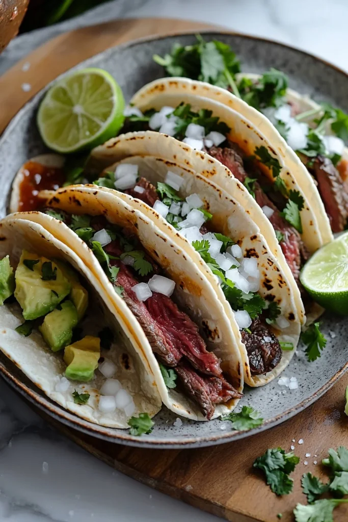 Plate of flavorful Mexican steak tacos garnished with fresh toppings.
