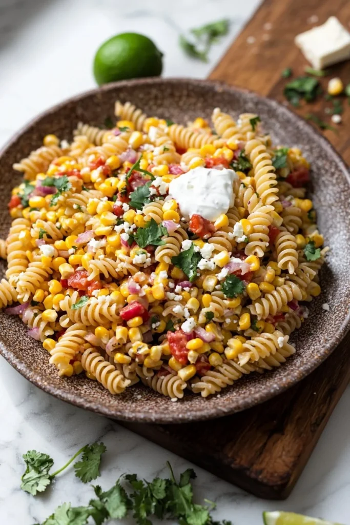 Delicious Mexican Street Corn Pasta Salad served in a bowl with fresh ingredients