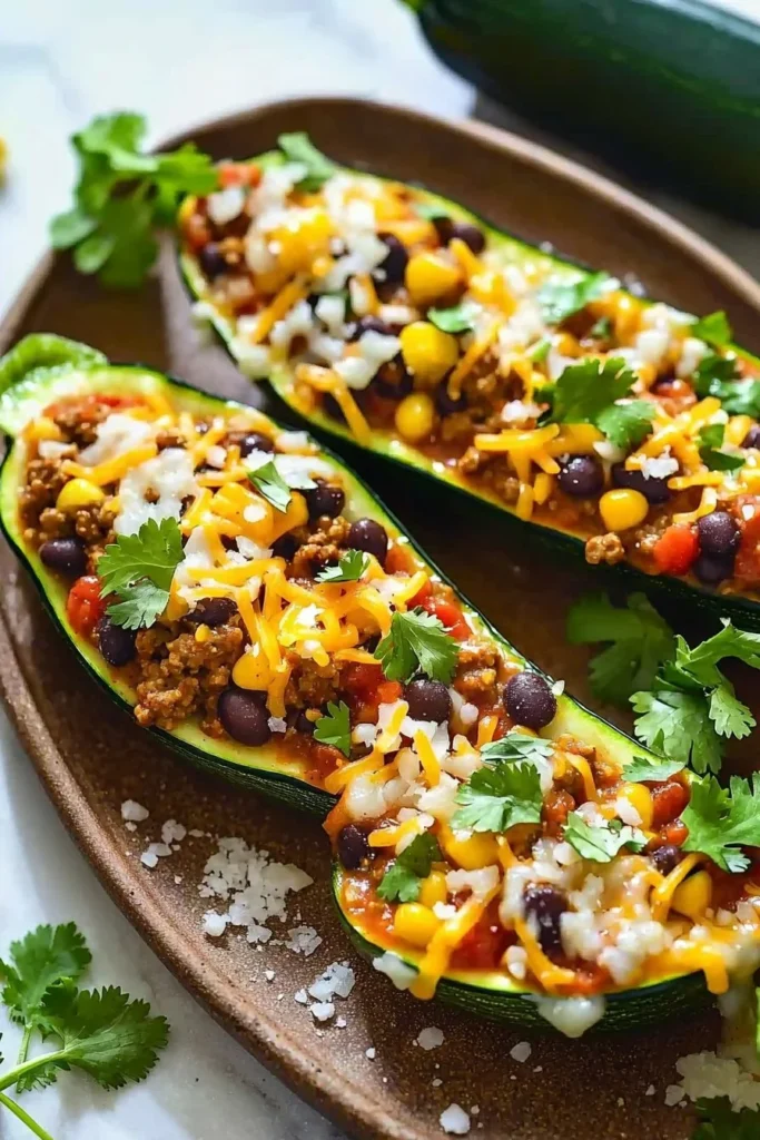 Delicious Mexican Zucchini Boats filled with seasoned ingredients