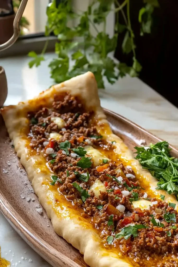 Delicious minced meat pide topped with melted cheese on a wooden board.