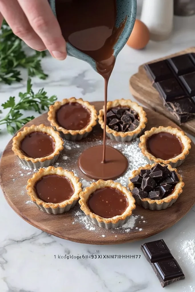 Delicious mini chocolate tarts topped with cream and chocolate shavings