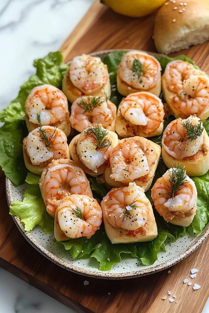 Mini shrimp rolls served on a plate with fresh garnishes