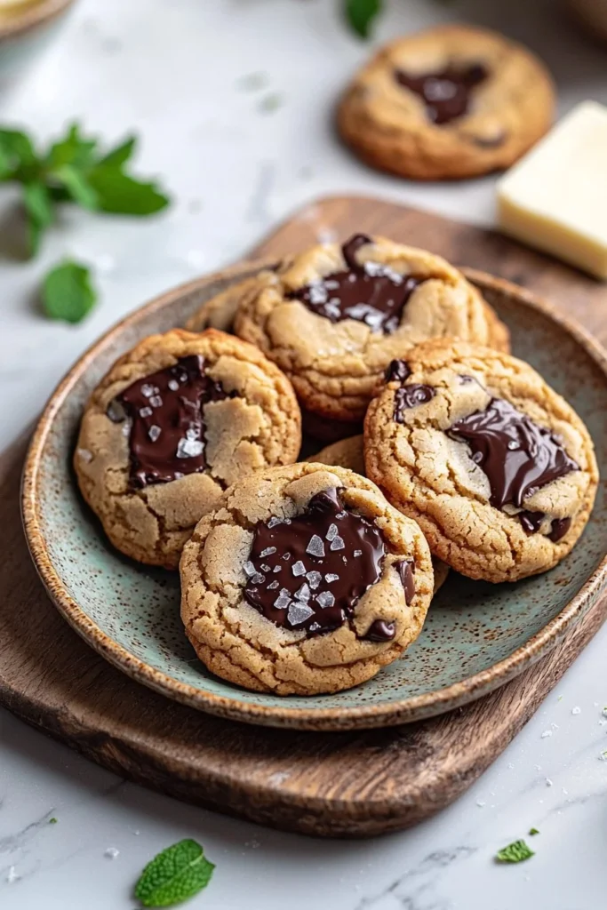 Freshly baked mint chocolate chip cookies on a plate