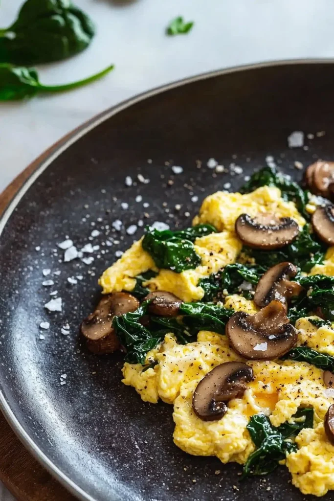 Mushroom Spinach Scrambled Eggs served on a plate with herbs