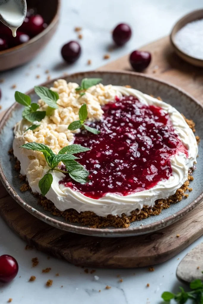 Delicious No-Bake Cherry Ripple Cheesecake with vibrant cherry swirls