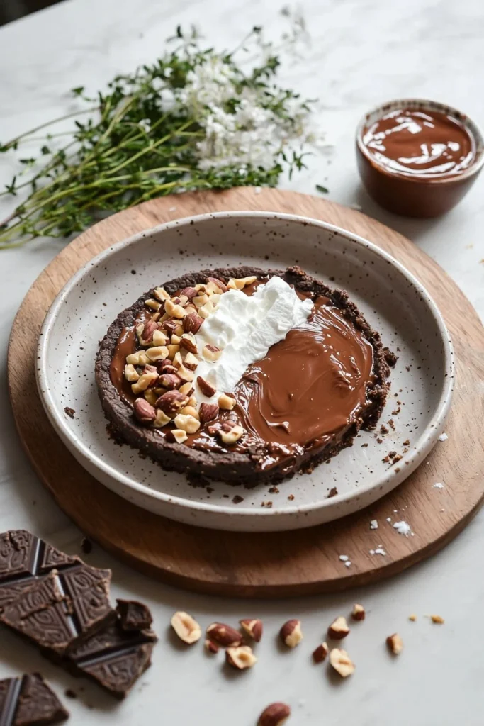 No-bake chocolate hazelnut cheesecake topped with hazelnuts and chocolate drizzle.