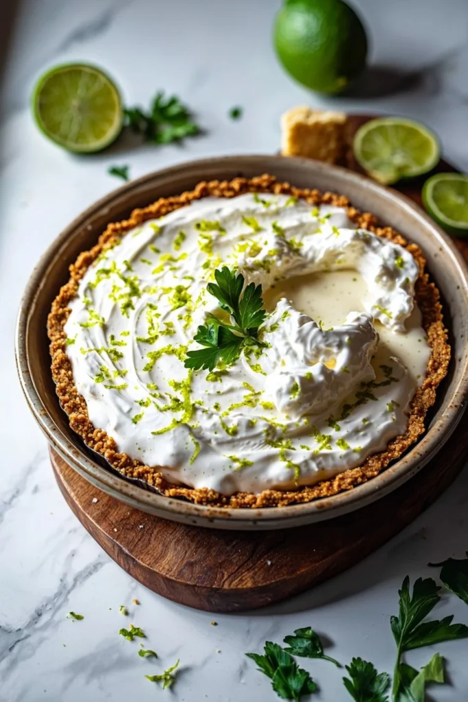 No-Bake Frozen Lime Pie garnished with lime slices and mint leaves.