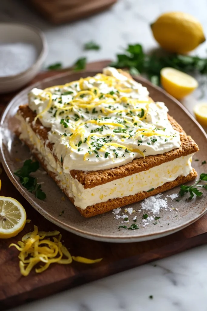 No-bake lemon éclair cake with layers of creamy lemon filling and graham crackers