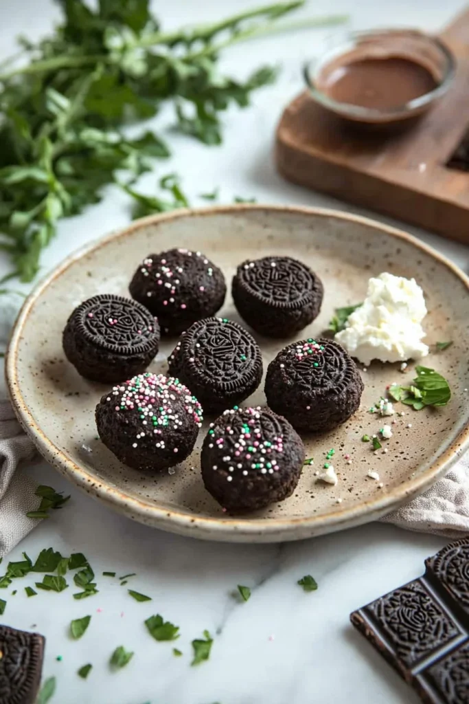 Delicious no-bake Oreo truffles topped with chocolate and sprinkles