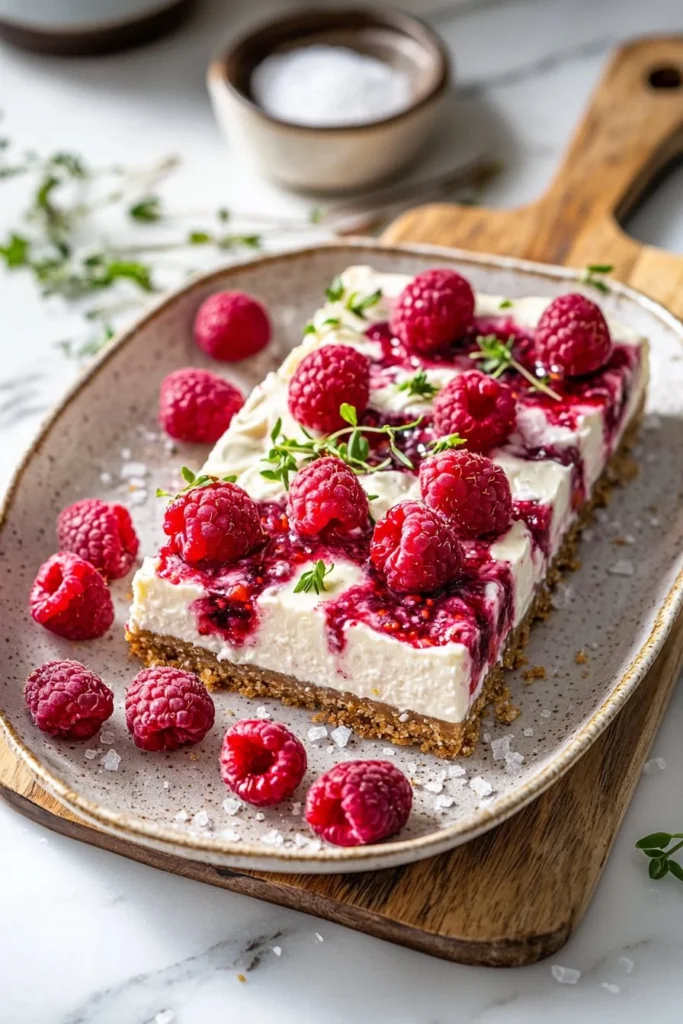 No-Bake Raspberry Cheesecake Bars topped with fresh raspberries