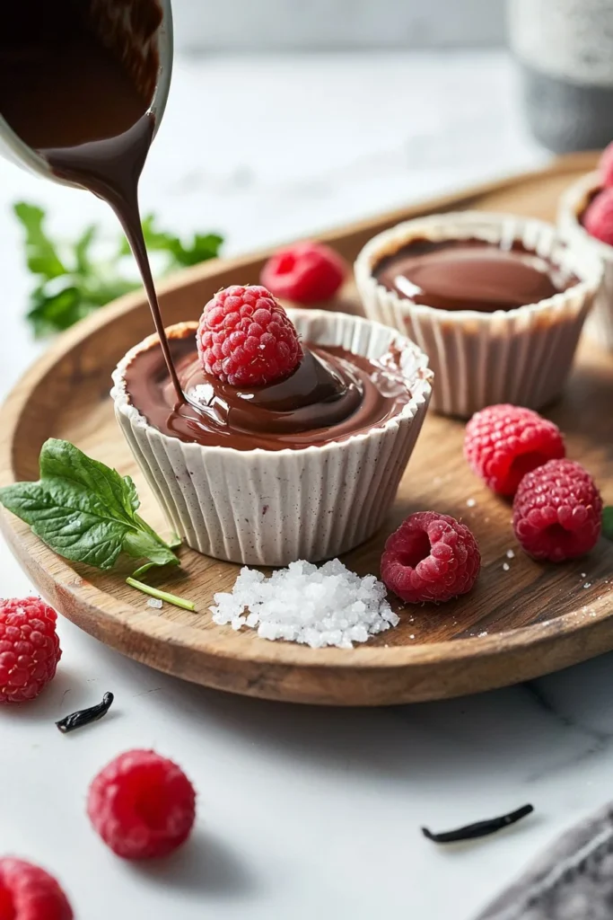 Delicious no-bake raspberry chocolate mousse cups garnished with fresh raspberries