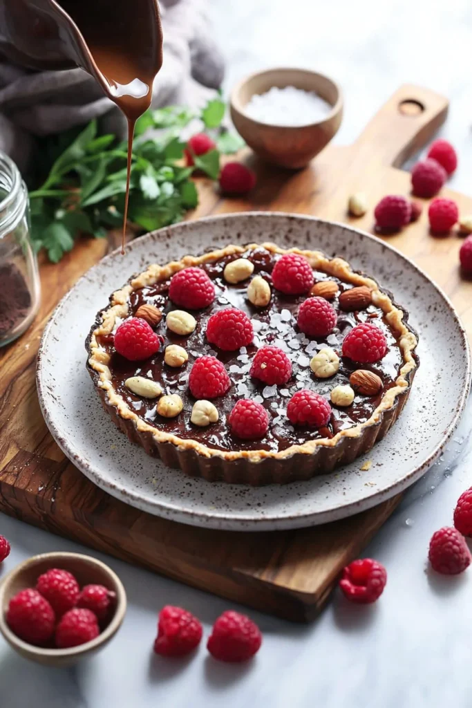 No-Bake Raspberry Hazelnut Tart with fresh raspberries and hazelnuts