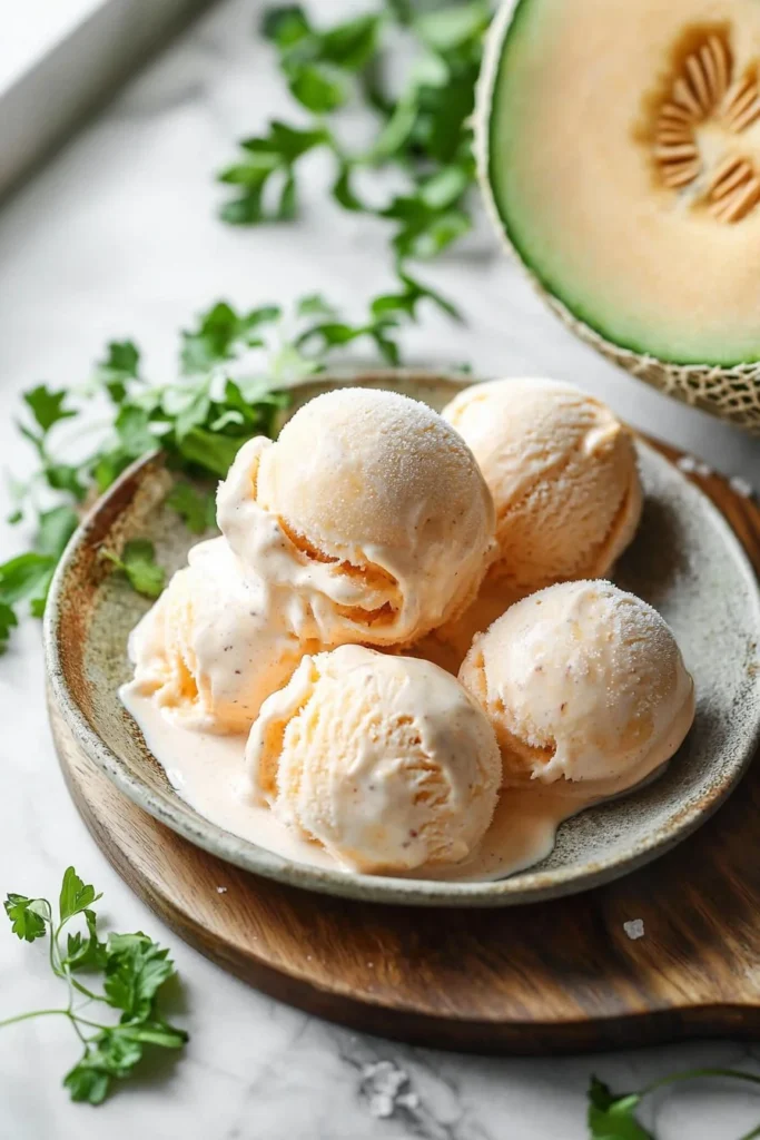 Delicious no-churn cantaloupe ice cream served in a bowl
