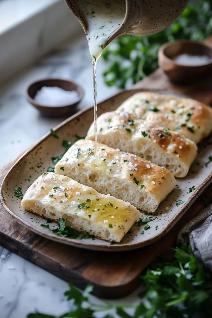 Freshly baked no-knead ciabatta bread on a wooden cutting board