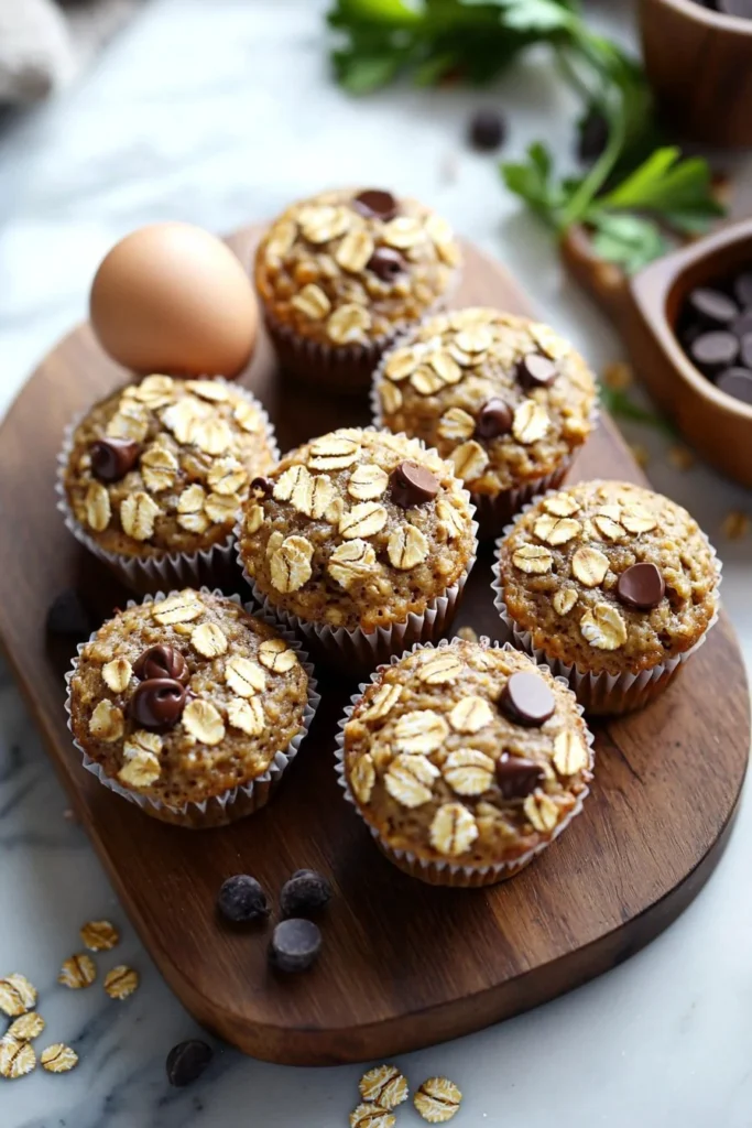 Freshly baked Oatmeal Chocolate Chip Muffins on a wooden table