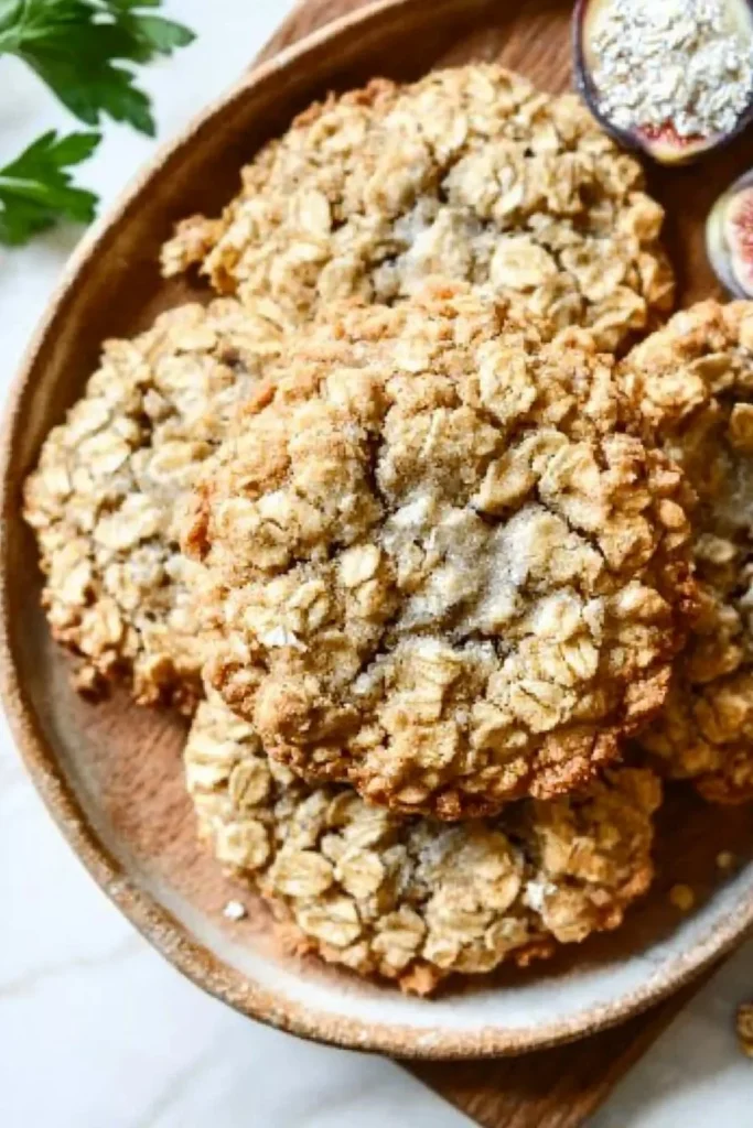 Delicious oatmeal fig cookies with oats and figs on a rustic wooden table.