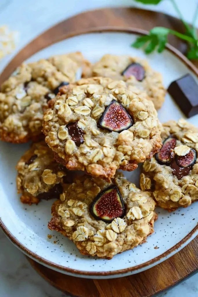 Oatmeal fig cookies with dark chocolate chunks on a wooden table
