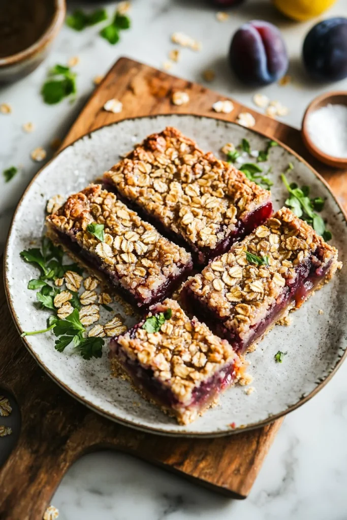 Delicious homemade oatmeal plum bars topped with fresh plums and oats.