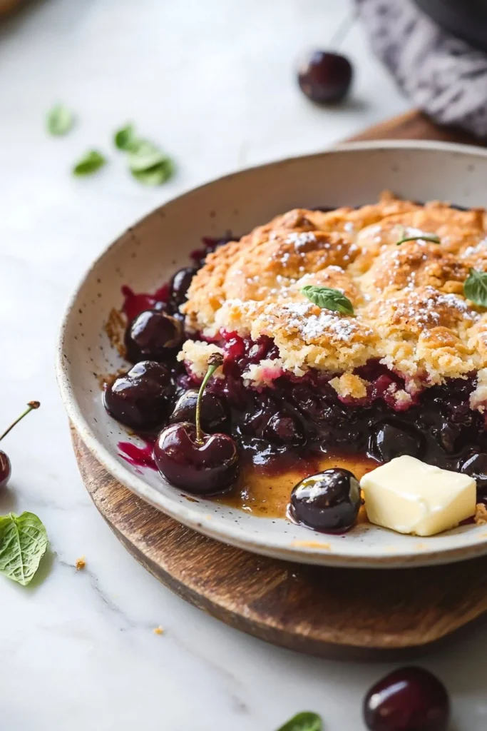Delicious old-fashioned cherry cobbler with a golden crust and juicy cherries