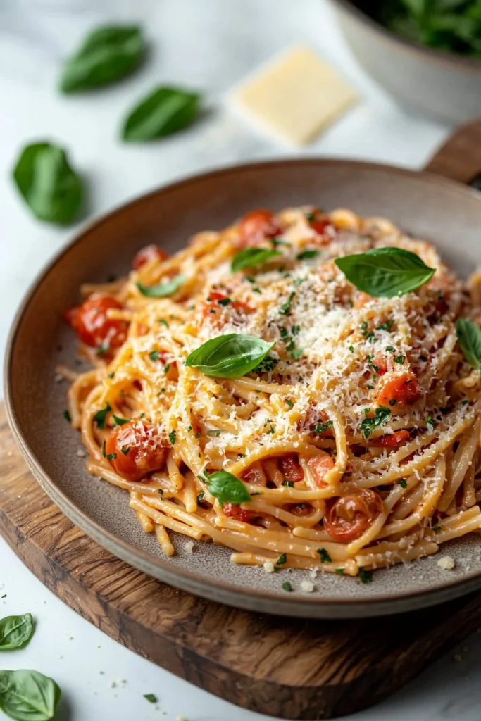 One-Pan Creamy Tomato Pasta served in a bowl with fresh herbs