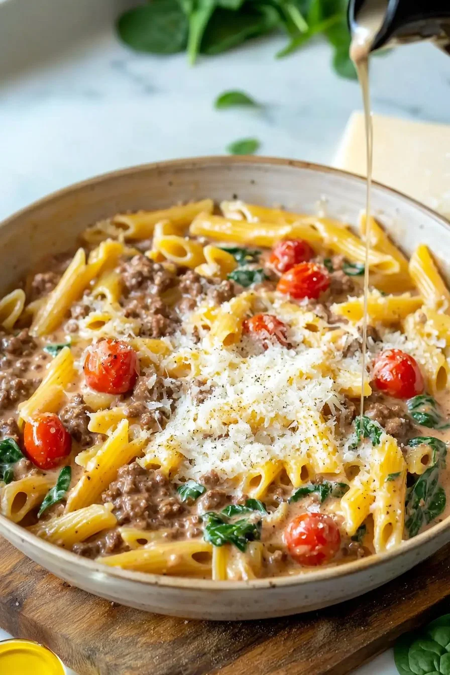 One-Pot Creamy Tuscan Beef Pasta