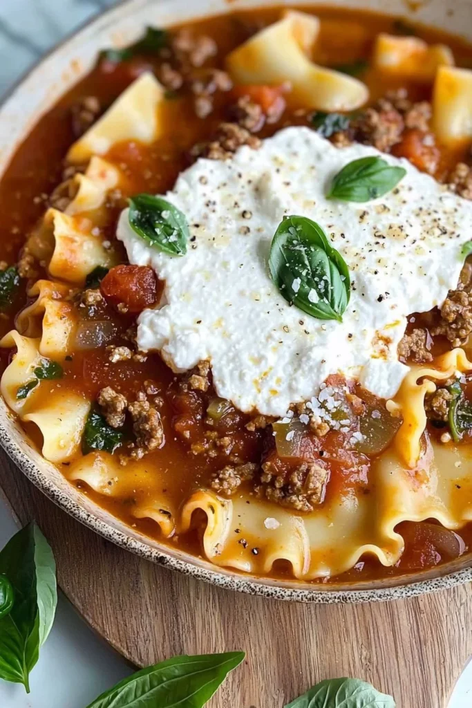 One-Pot Lasagna Soup with pasta, cheese, and rich tomato broth in a bowl.