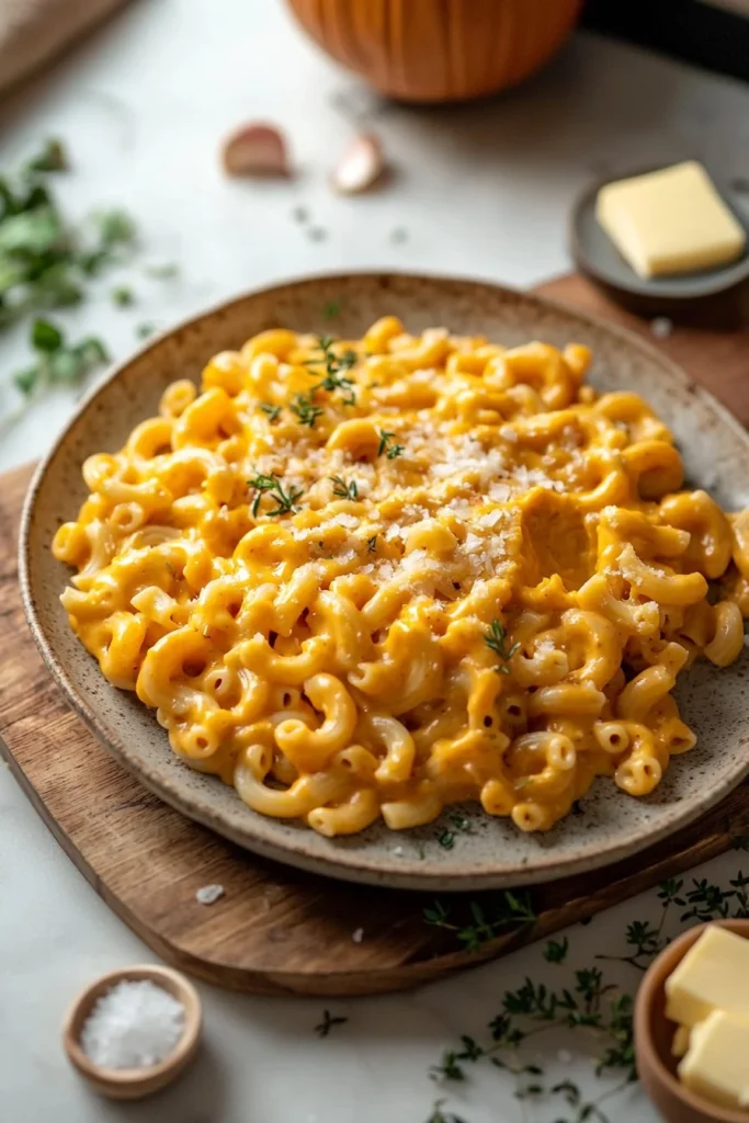 One-pot pumpkin mac and cheese garnished with herbs