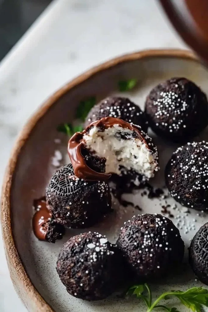 Delicious homemade Oreo Balls with chocolate coating and crushed cookies.