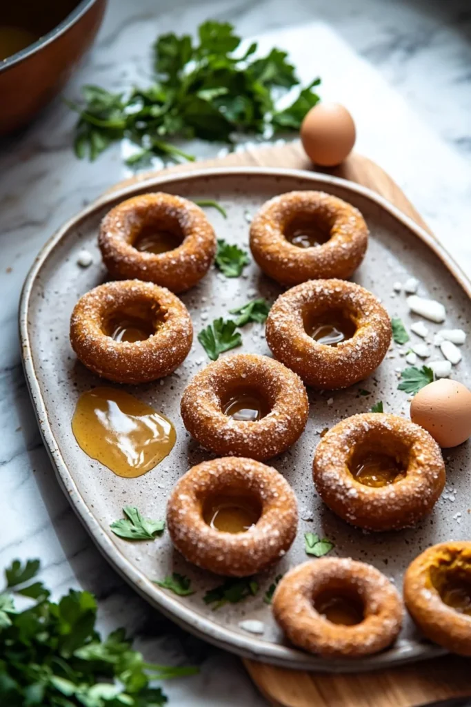Delicious paleo pumpkin donuts topped with spices and served on a rustic plate.