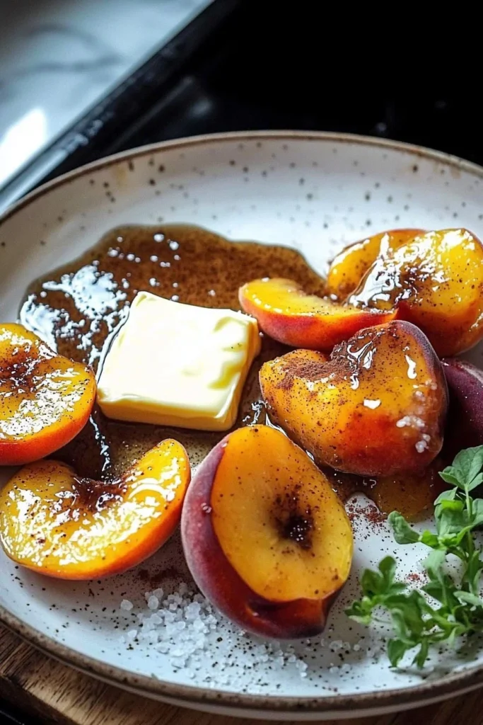 Delicious pan fried peaches served in a dish with caramelized sugar.