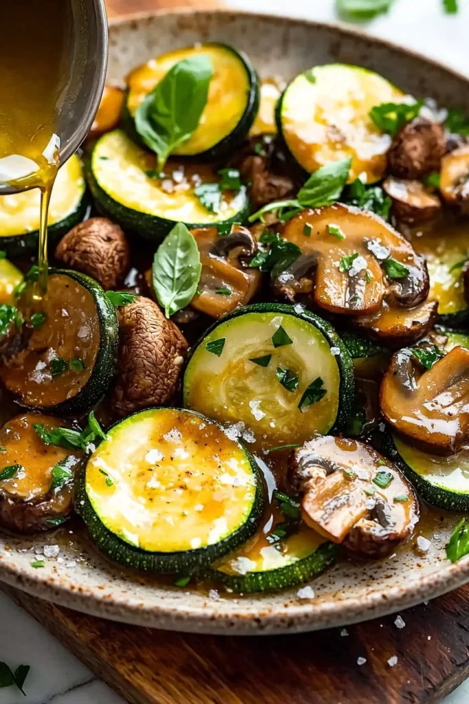Pan-fried zucchini and mushrooms served in a skillet