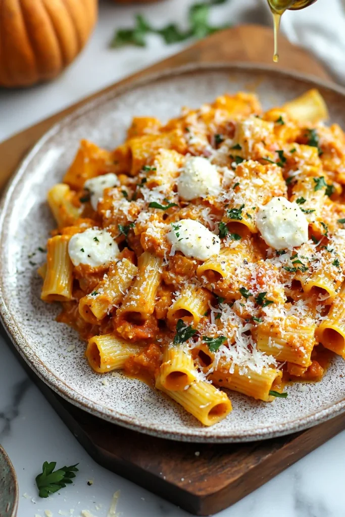 Pasta bake with pumpkin tomato sauce topped with cheese and herbs