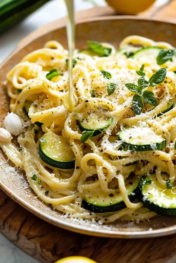 Pasta with zucchini and lemon garlic sauce on a plate