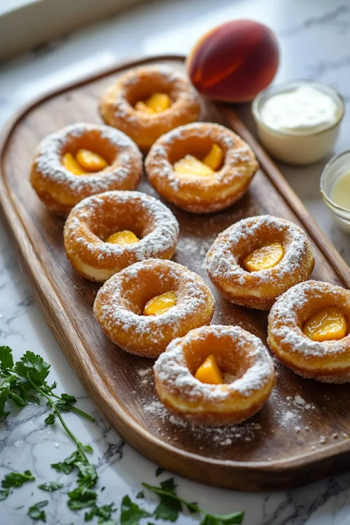 Delicious peach cobbler cheesecake donuts with a golden crust and peach topping