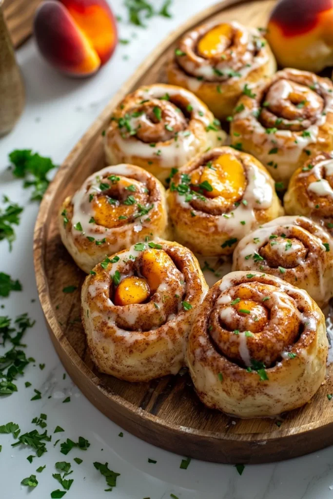 Freshly baked Peach Cobbler Cinnamon Rolls with a golden crust and peach filling
